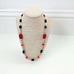 NWT Cinnabar, Red Coral, Pearl, Black Onyx Beaded Necklace Red Black White